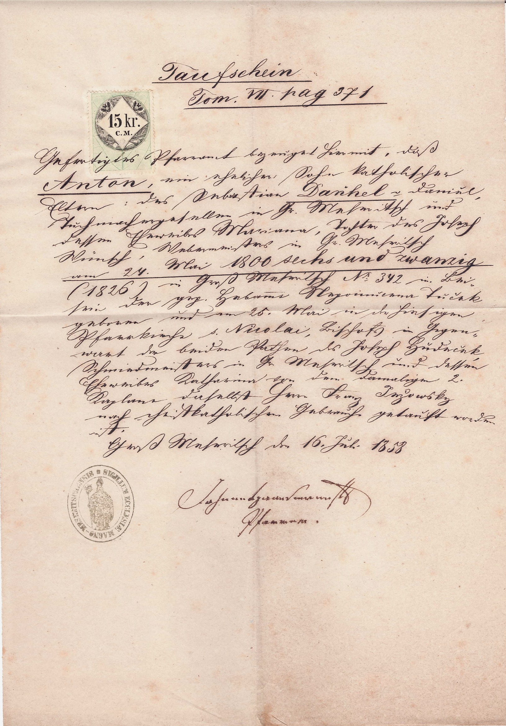 Křestní list - 1858