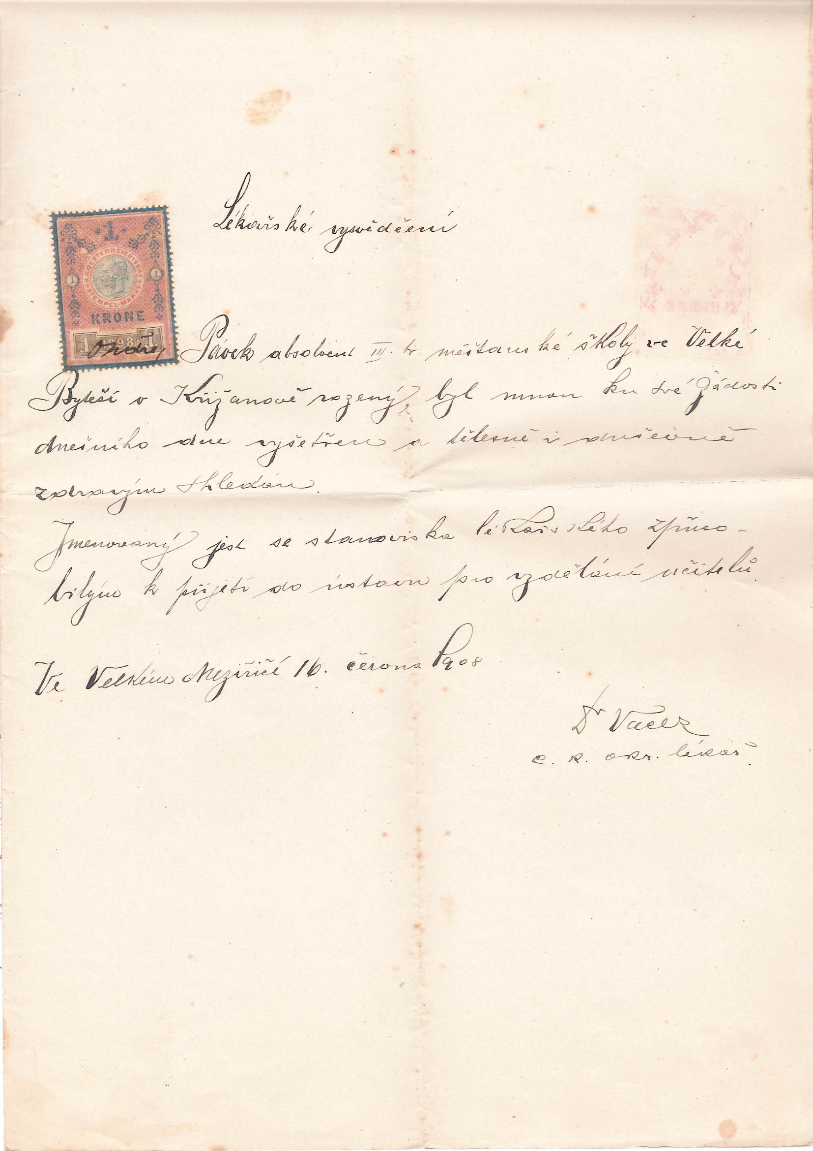 Lékařské vysvědčení - 1908