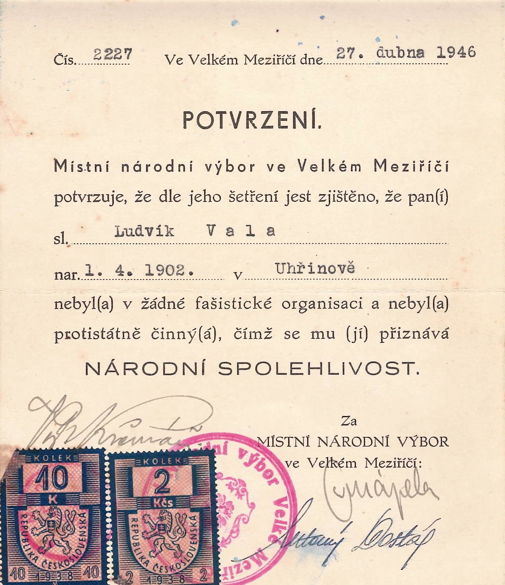 Potvrzení Národní spolehlivost - 1946