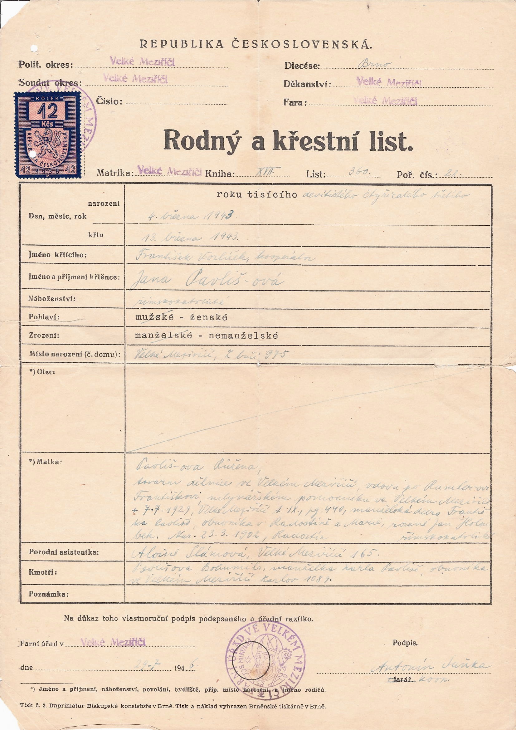 Rodný a křestní list - 1943