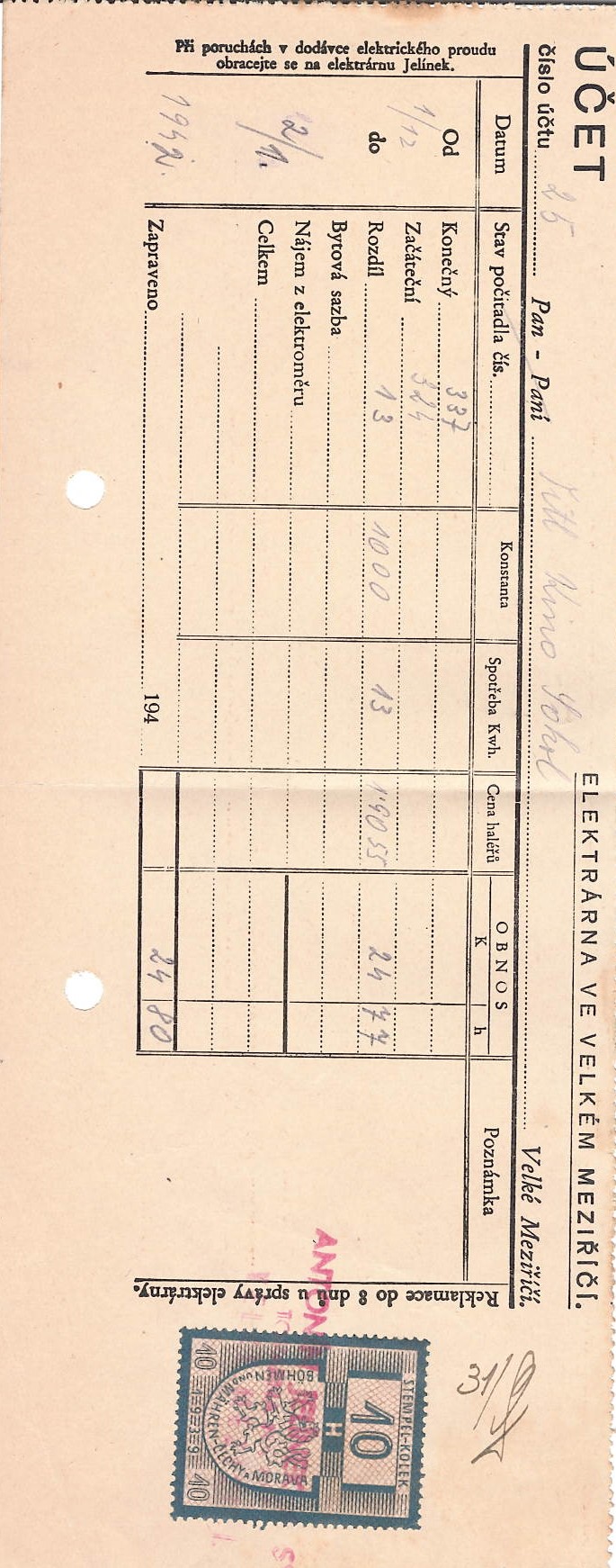 Účet elektrárna - 1942