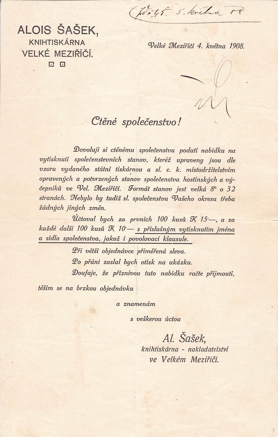 Účet knhtiskárna Šašek - 1908