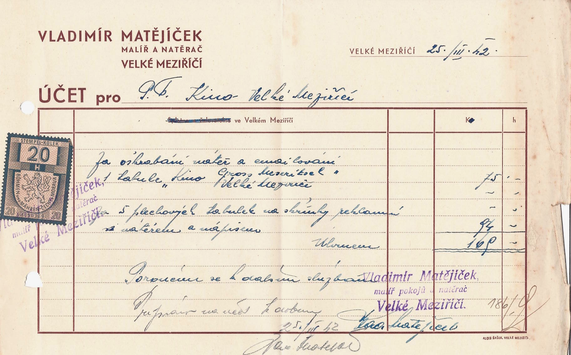 Účet malíř Matějíček - 1942