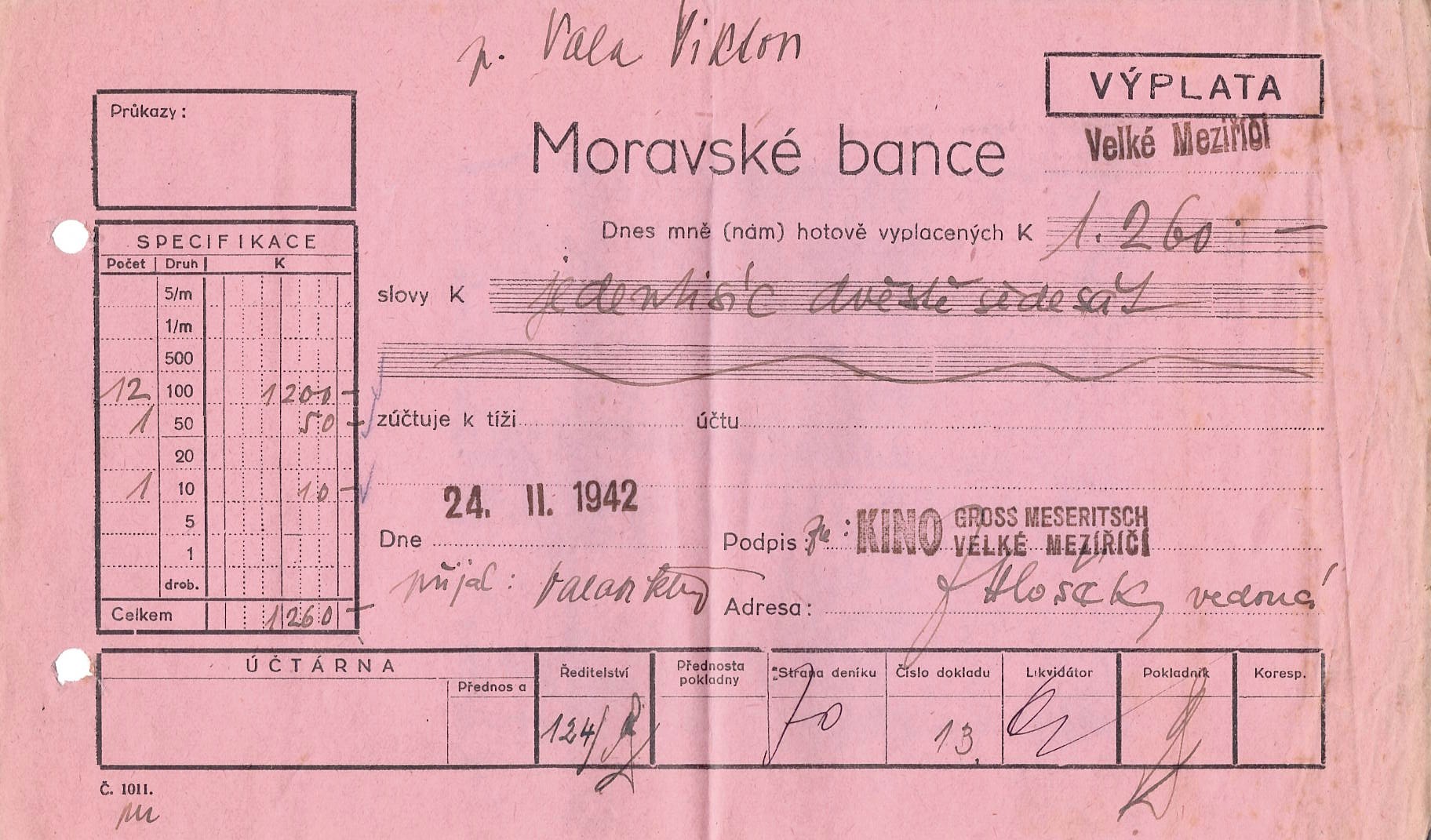 Výplata Moravské bance - 1942